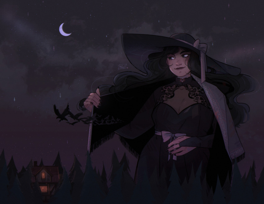 1girl, animal, bird, black_dress, black_eyes, black_gloves, black_hair, black_hat, black_lips, black_nails, black_shawl, black_sky, black_theme, bow, breasts, cleavage, cleavage_cutout, closed_mouth, clothing_cutout, cloud, commentary, cowboy_shot, crescent_moon, crow, dim_lighting, dimple, dress, english_commentary, fat, fat_woman, forest, giant, giantess, gloves, grey_bow, grey_ribbon, grey_shawl, halftone, hat, hat_bow, high_collar, highres, house, large_breasts, lipstick, long_hair, looking_at_animal, looking_to_the_side, makeup, minecraft_youtube, misstrixtin, moon, nature, night, outdoors, ph1lza's_chat, pine_tree, ribbon, see-through_clothes, shawl, signature, sky, smile, solo, star_(sky), starry_sky, tree, very_long_hair, waist_bow, wavy_hair, zhesha_gh