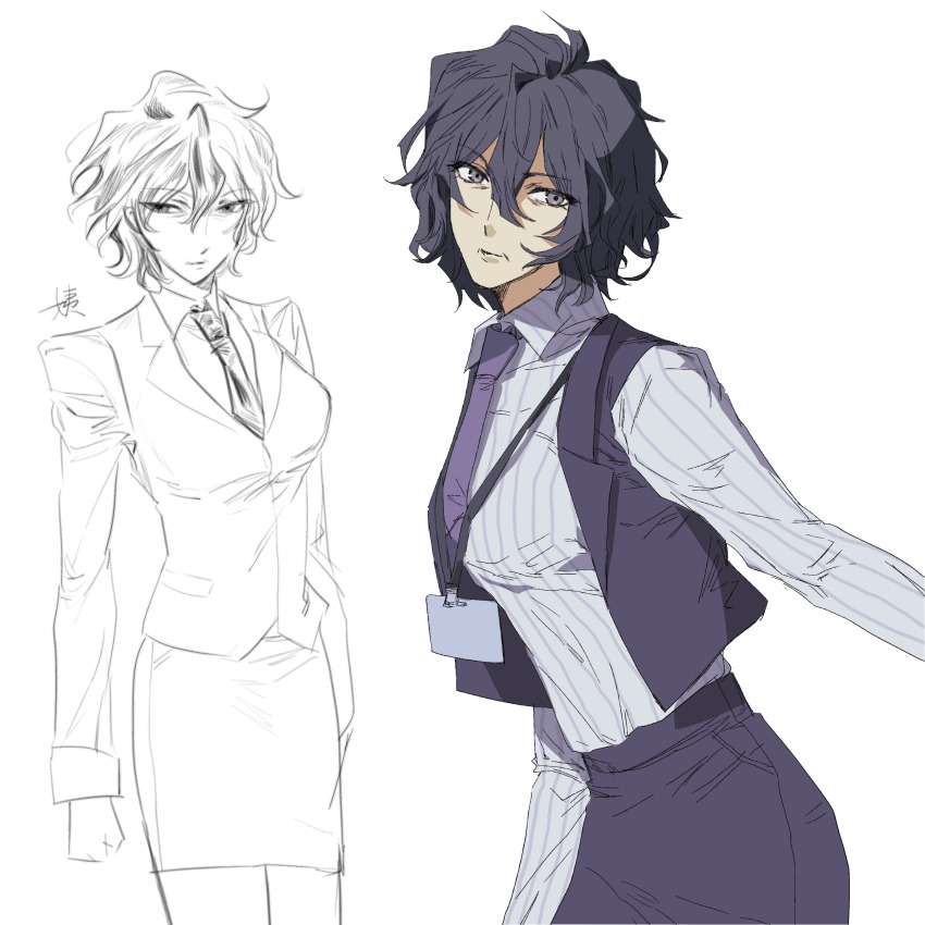 1girl, black_hair, blue_shirt, breasts, chinese_commentary, closed_mouth, commentary_request, cowboy_shot