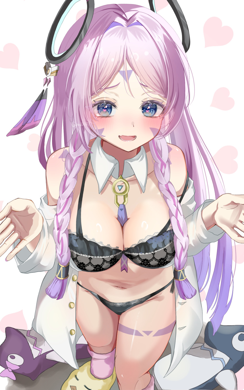 1girl, absurdres, alternate_costume, bare_shoulders, between_breasts, black_bra, black_panties, blue_eyes, blush, bra, braid, breasts, chuuna_(unagiunazy), citlali_(genshin_impact), cleavage, collar, collarbone, commentary_request, detached_collar, dress_shirt, facial_mark, foot_out_of_frame, forehead_mark, genshin_impact, gradient_hair, hair_ornament, hands_up, heart, heart-shaped_pupils, highres, large_breasts, long_hair, looking_at_viewer, multicolored_hair, navel, off_shoulder, open_clothes, open_mouth, open_shirt, paid_reward_available, panties, pink_hair, pink_pupils, purple_hair, shirt, solo, stomach, strap_slip, symbol-shaped_pupils, underwear, very_long_hair, white_collar, white_shirt