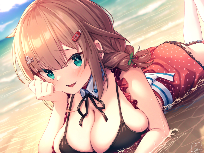 1girl, akai_haato, aqua_eyes, bare_arms, beach, bikini, bikini_under_clothes, blue_sky