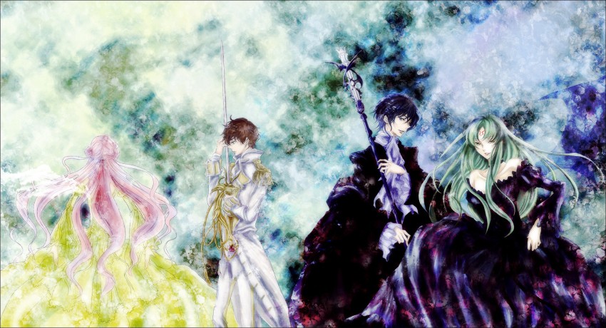 2boys, bad_id, bad_pixiv_id, black_hair, brown_hair, c.c., code_geass, dress