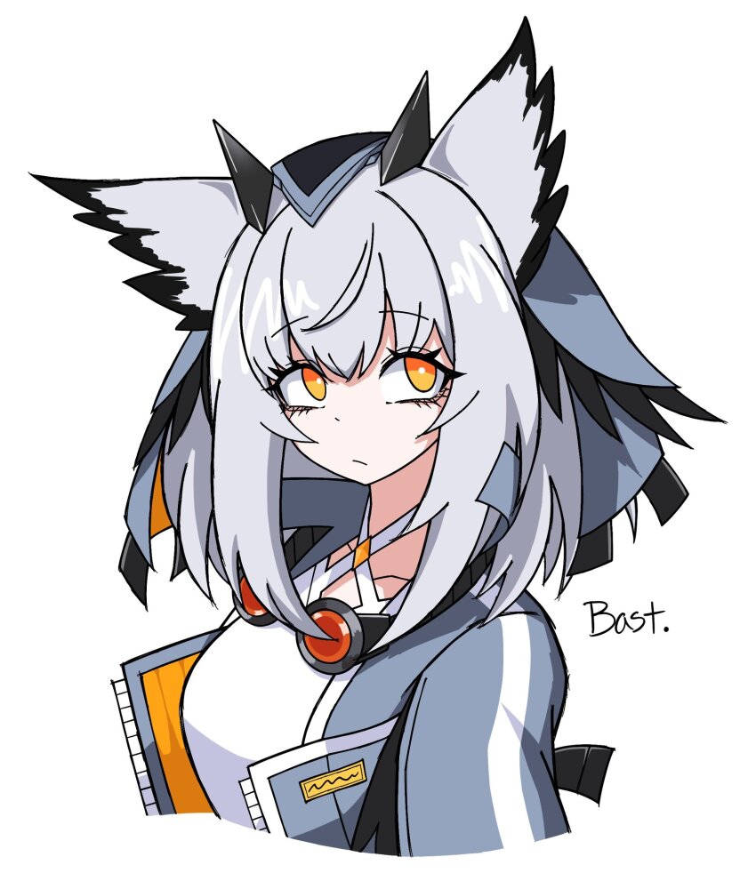 1girl, :/, arknights, artist_name, bastetris, black_hair, blue_jacket, breasts