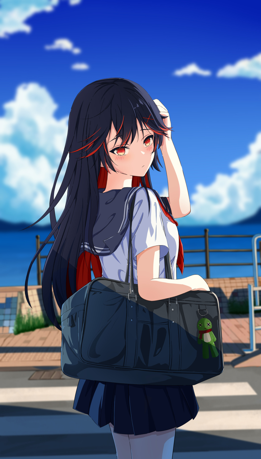 absurdres, alternate_costume, bag, black_hair, black_sailor_collar, black_skirt, blue_sky, cloud