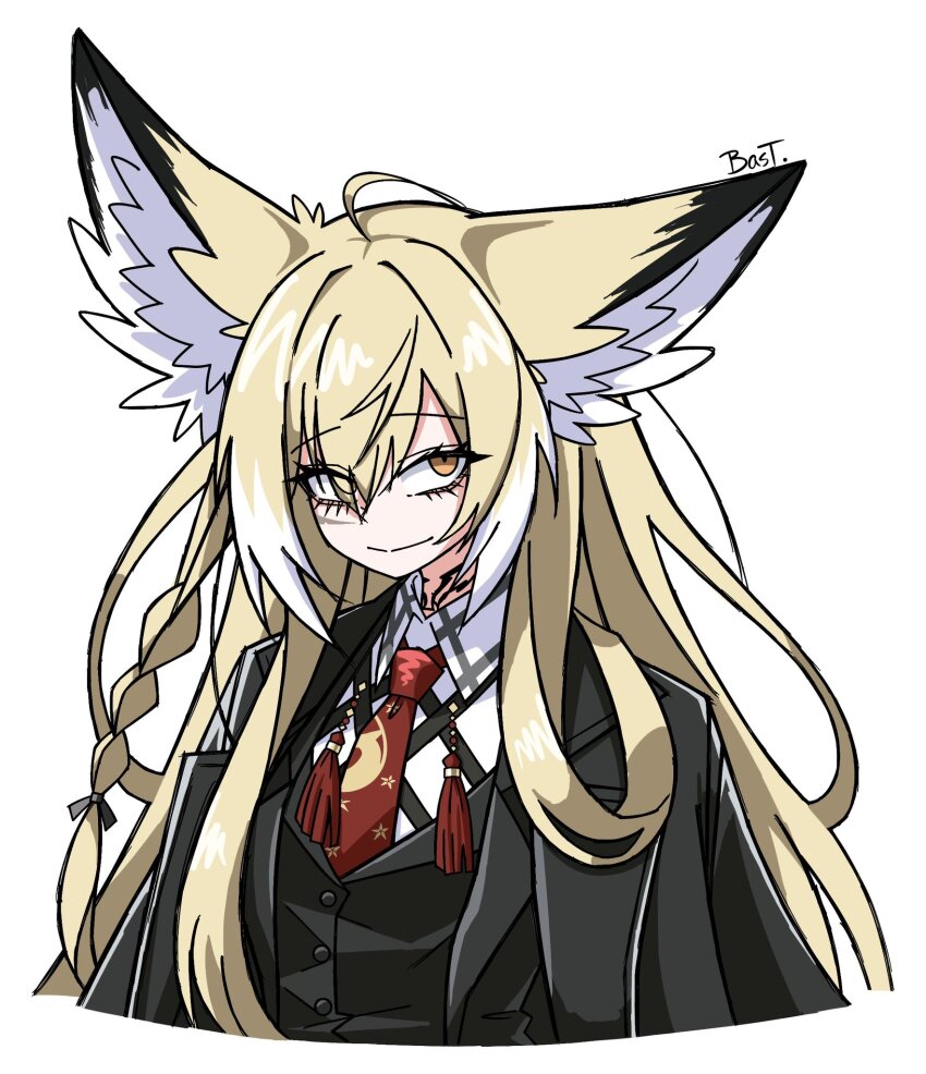 1girl, animal_ear_fluff, animal_ears, arknights, artist_name, bastetris, black_suit, blonde_hair