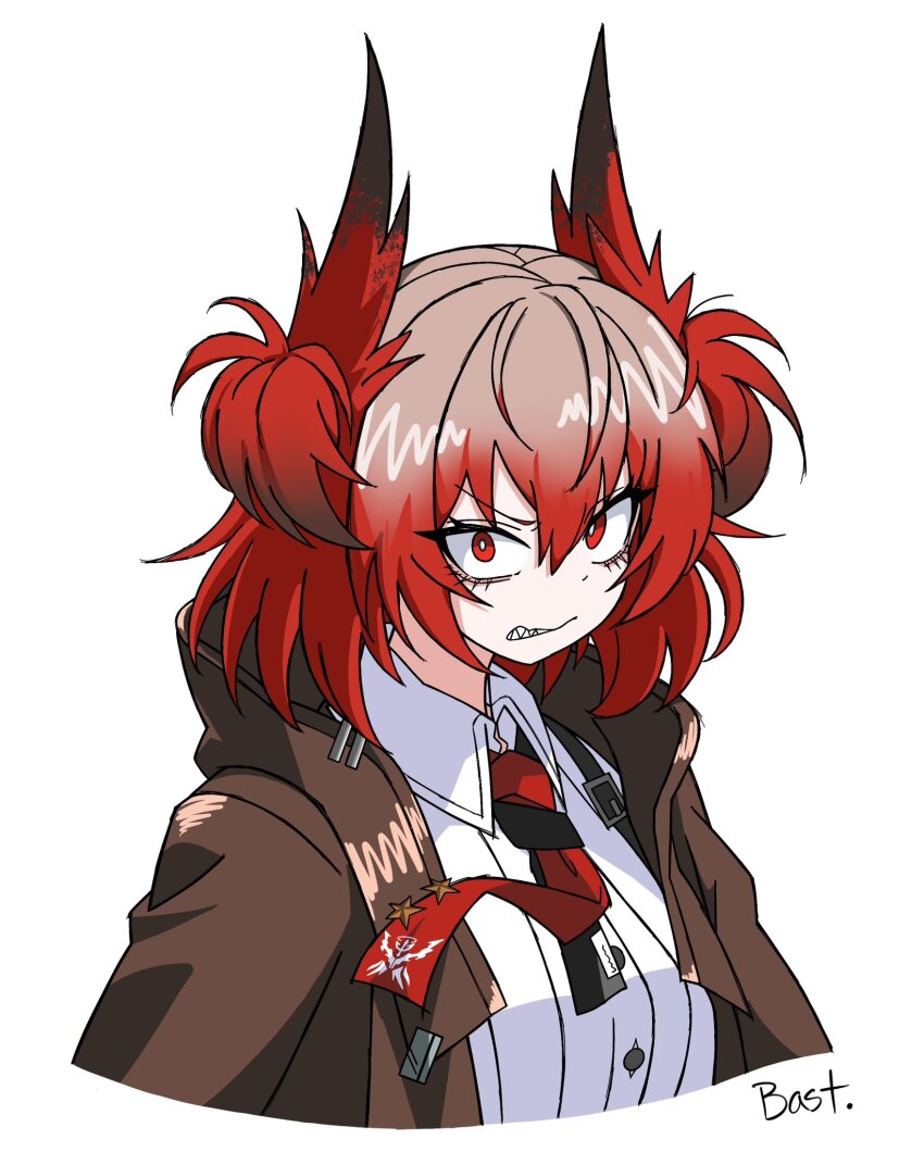 1girl, angry, arknights, artist_name, bastetris, black_necktie, bright_pupils, brown_jacket