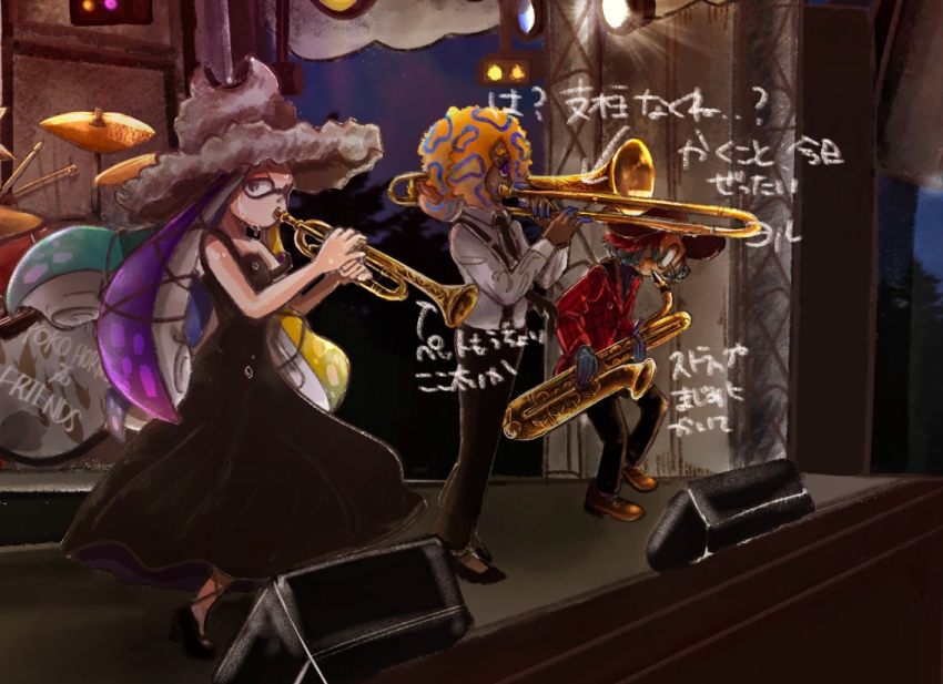 3girls, aqua_hair, black_dress, black_necktie, black_pants, blonde_hair, collared_shirt, concert
