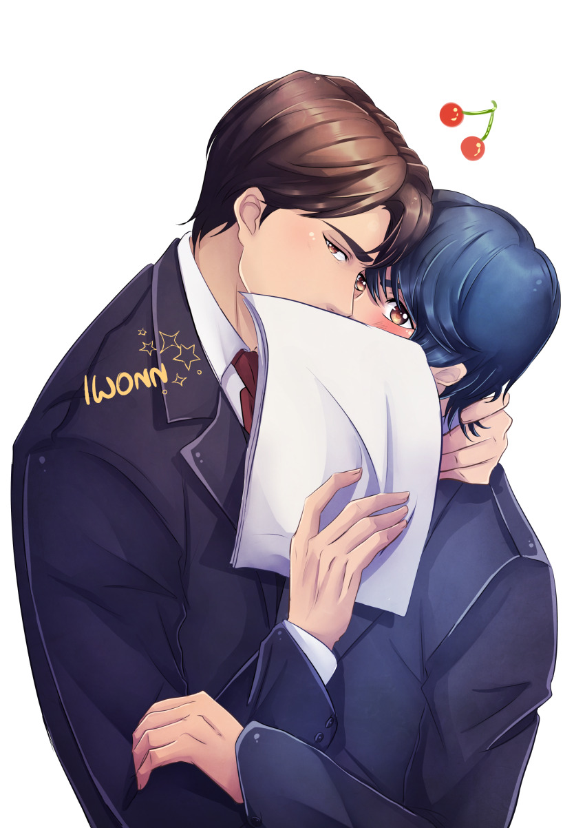 2boys, 30-sai_made_doutei_dato_mahoutsukai_ni_nareru_rashii, absurdres, adachi_kiyoshi, artist_name, black_suit, blue_hair, blush