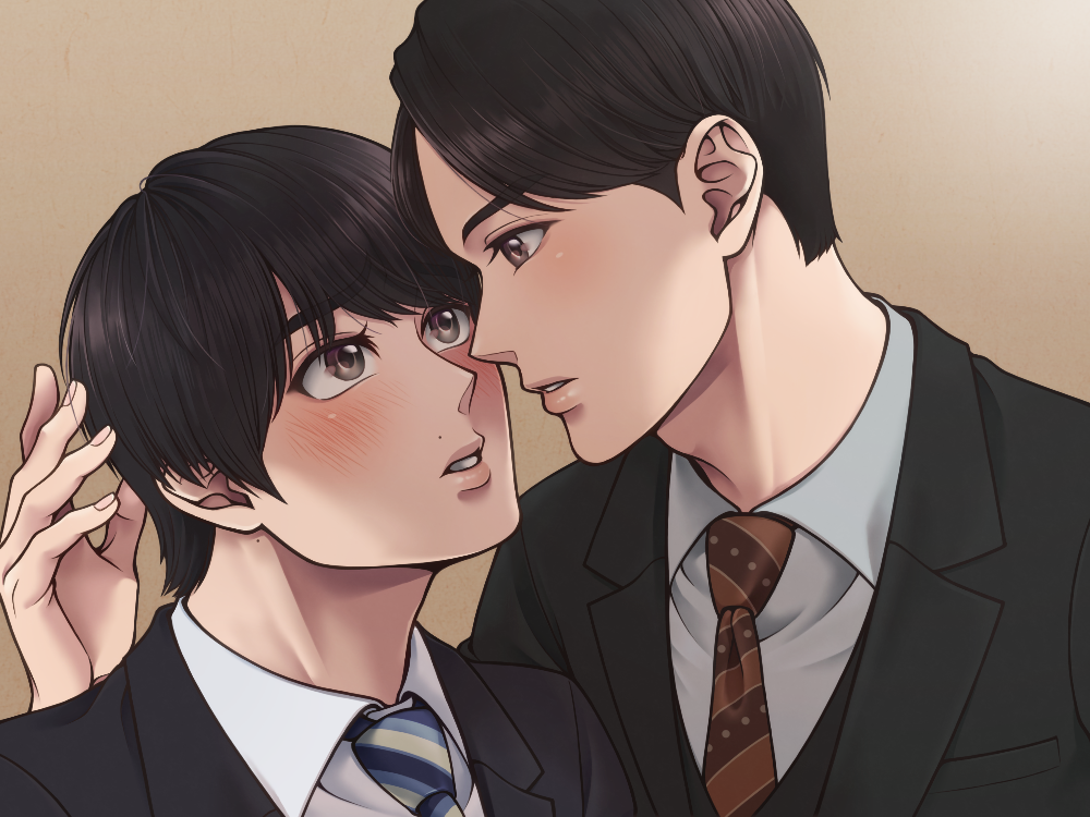 30-sai_made_doutei_dato_mahoutsukai_ni_nareru_rashii, adachi_kiyoshi, black_hair, black_suit, blush, brown_background, brown_eyes, brown_necktie, eye_contact, formal_clothes, gradient_background, kurosawa_yuuichi_(30-sai_made_doutei_dato_mahoutsukai_ni_nareru_rashii), looking_at_another, male_focus, necktie, sai_made_doutei_dato_mahoutsukai_ni_nareru_rashii, salaryman, short_hair, soranodio, striped_clothes, striped_necktie, suit, yaoi