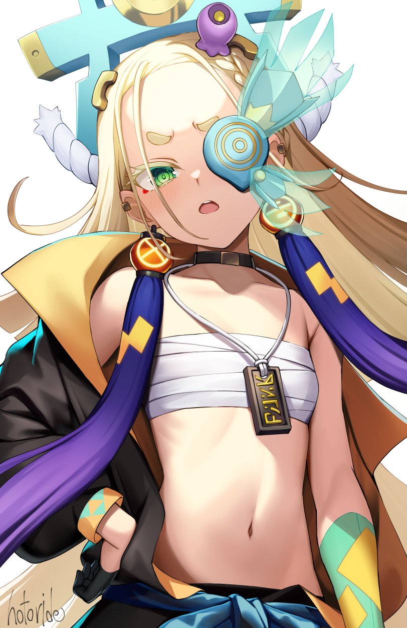 1girl, agibe, artist_name, black_choker, black_jacket, blonde_hair, chest_sarashi, choker