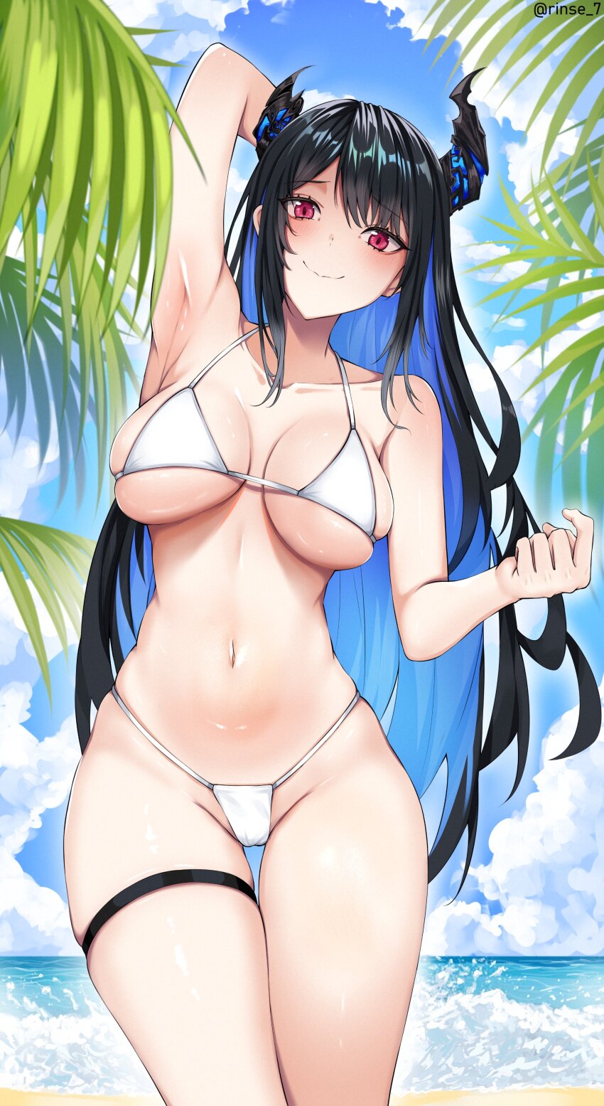 1girl, absurdres, arm_behind_head, arm_up, armpits, asymmetrical_horns, bare_arms, bare_shoulders