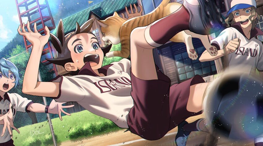 ball, baseball_cap, blue_eyes, blue_hair, brown_hair, cat, dolustoy, falling