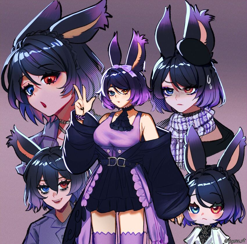 1girl, alternate_eye_color, artist_name, bags_under_eyes, beret, blue_eyes, breasts, brown_eyes