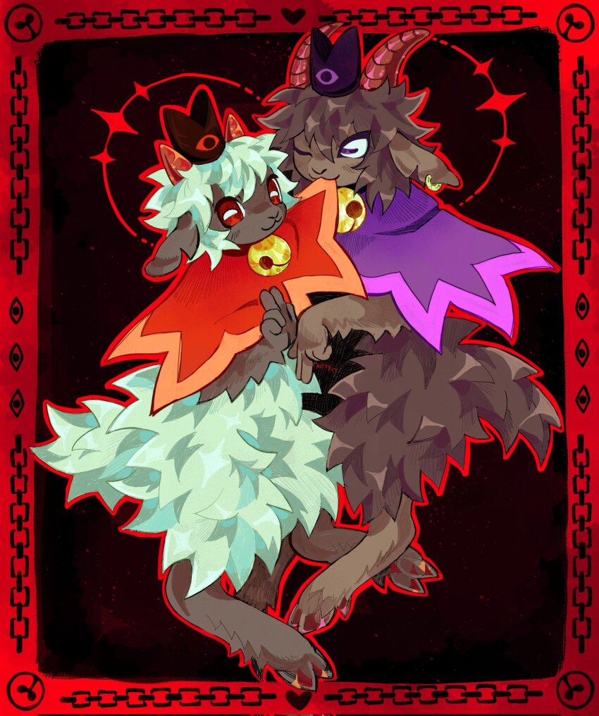 2others, :3, androgynous, animal_ears, bell, border, capelet, commentary, crown, cult_of_the_lamb, fluffy, furry, goat_ears, goat_horns, halo, highres, hooves, horizontal_pupils, horns, jingle_bell, kitty_(fernwhisker), kuji-in, looking_at_viewer, multiple_others, other_focus, pointing, pointing_down, pointing_up, purple_capelet, red_border, red_capelet, red_crown_(cult_of_the_lamb), red_eyes, sheep_ears, sheep_horns, smile, the_goat_(cult_of_the_lamb), the_lamb_(cult_of_the_lamb)