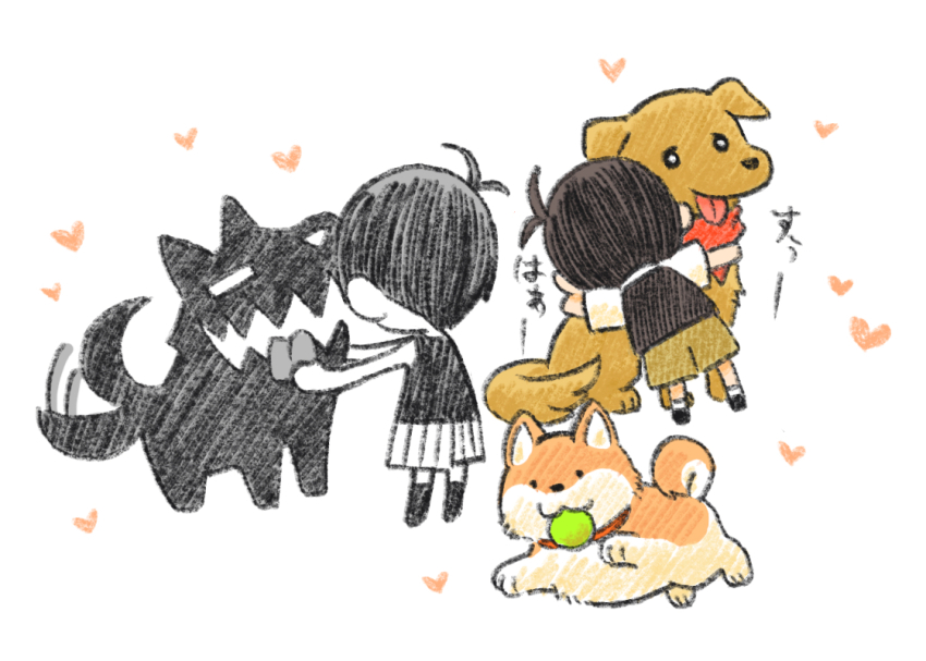 2boys, ball, bandana, black_footwear, black_hair, black_socks, black_sweater_vest, black_tank_top, brown_shorts, chibi, chibi_only, collar, collared_shirt, dog, heart, hector_(omori), hug, kneehighs, lucas_(omori), male_focus, multiple_boys, omori, omori_(omori), red_bandana, shadow_dog_(omori), shirt, short_hair, shorts, simple_background, socks, sun_iiinu, sunny_(omori), sweater_vest, tank_top, tennis_ball, tongue, tongue_out, translation_request, white_background, white_shirt, white_shorts, white_socks