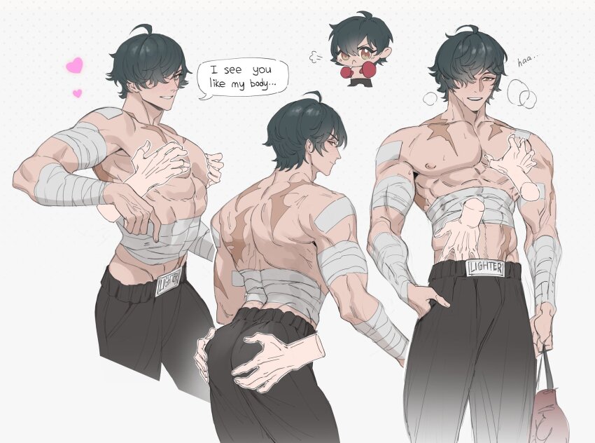 1boy, :<, ahoge, arched_back, ass, bandaged_arm, bandaged_chest, bandages, black_pants, boxer, boxing_gloves, character_name, closed_mouth, commentary, cropped_legs, disembodied_hand, dotted_background, english_commentary, english_text, gloves, green_hair, hand_in_pocket, hands_on_another's_ass, heart, highres, holding, kirikidu, lighter_(zenless_zone_zero), looking_down, male_focus, multiple_scars, multiple_views, nipples, one_eye_covered, pants, parted_lips, pectoral_grab, puff_of_air, red_gloves, scar, scar_on_back, scar_on_shoulder, short_hair, smile, speech_bubble, teeth, topless_male, upper_teeth_only, white_background, zenless_zone_zero