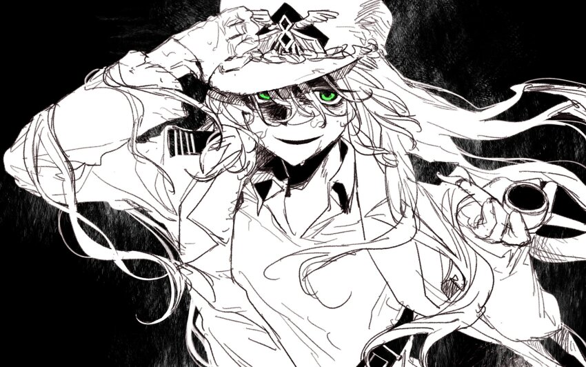 1girl, arm_up, collared_shirt, green_eyes, grin, hat, highres, holding