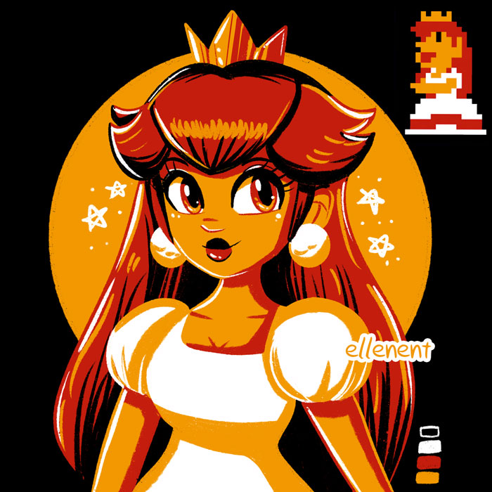1girl, 8-bit, black_background, breasts, cleavage, colored_skin, crown, derivative_work, dress, earrings, ellenent, jewelry, long_hair, looking_at_viewer, mario_(series), meme, nintendo, official_alternate_color, orange_skin, princess_peach, princess_toadstool_redraw_(meme), puffy_short_sleeves, puffy_sleeves, red_eyes, red_hair, short_sleeves, simple_background, smile, solo, sprite_redraw, super_mario_bros._1, white_dress