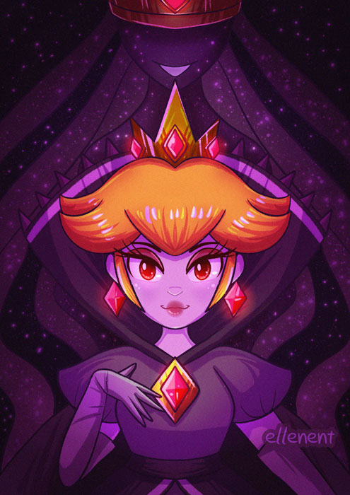 2girls, blonde_hair, colored_skin, corruption, crown, dark_persona, dress, earrings