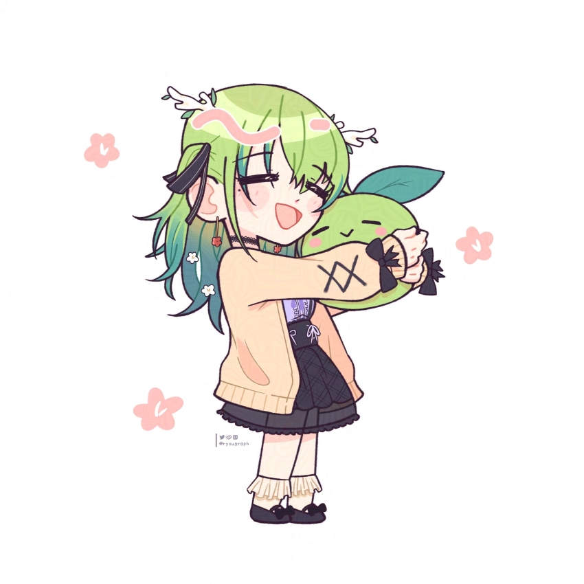 1girl, :>, =_=, adversarial_noise, antlers, black_choker, black_footwear, black_ribbon, black_skirt, blush_stickers, branch, brown_cardigan, cardigan, ceres_fauna, ceres_fauna_(jirai_kei), chibi, chibi_only, choker, closed_eyes, commentary, cross-laced_clothes, earrings, english_commentary, flower, flower_earrings, frilled_socks, frills, green_hair, hair_flower, hair_ornament, hair_ribbon, happy, high-waist_skirt, highres, hololive, hololive_english, horns, hug, jewelry, long_hair, long_sleeves, looking_at_viewer, mikki_(bukiyos), mole, mole_under_eye, official_alternate_costume, open_cardigan, open_clothes, open_mouth, pixiv_logo, ribbon, sapling_(ceres_fauna), skirt, smile, socks, standing, twitter_logo, twitter_username, virtual_youtuber, white_background, white_flower