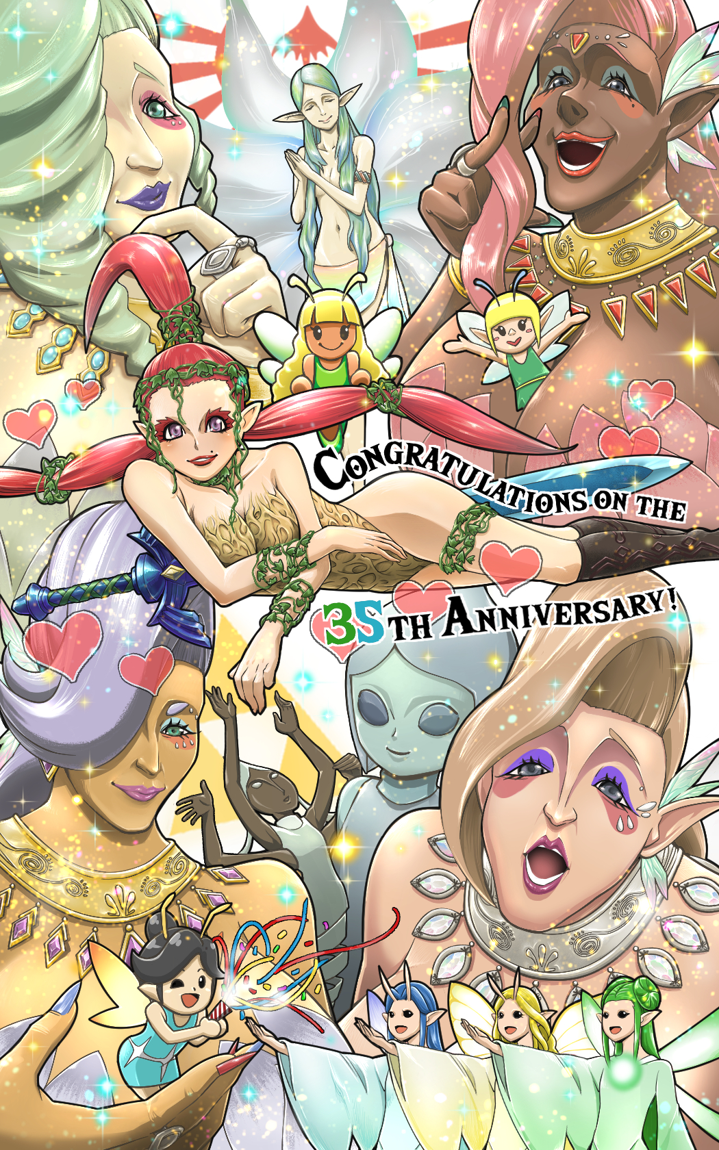 6+girls, armlet, barefoot, blonde_hair, blue_eyes, breasts, dark_skin, fairy, fairy_queen_(zelda), fairy_wings, flower, great_butterfly_fairy, great_dragonfly_fairy, great_fairy_(twilight_princess)_(zelda), great_fairy_(zelda), great_fairy_cotera, great_fairy_kaysa, great_fairy_mija, great_fairy_tera, great_mayfly_fairy, green_eyes, green_hair, hair_over_one_eye, highres, hyrule_warriors, instrument, jewelry, long_hair, looking_at_viewer, multicolored_nails, multiple_girls, navel, necklace, nintendo, nude, ocarina, open_mouth, pink_hair, pointy_ears, shirt, short_hair, smile, the_legend_of_zelda, the_legend_of_zelda:_a_link_between_worlds, the_legend_of_zelda:_a_link_to_the_past, the_legend_of_zelda:_breath_of_the_wild, the_legend_of_zelda:_four_swords, the_legend_of_zelda:_link's_awakening, the_legend_of_zelda:_the_wind_waker, the_legend_of_zelda:_twilight_princess, tongue, wings, zibundazenbu