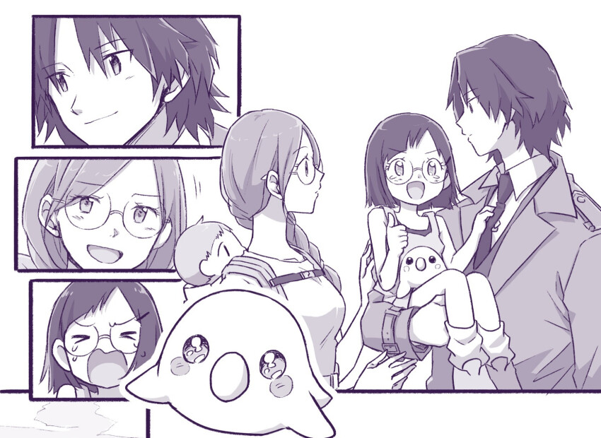 aged_up, beak, blush, digimon, digimon_adventure_02, family, glasses, highres, ichijouji_ken, inoue_miyako, inoue_miyako_and_ichijouji_ken's_daughter, inoue_miyako_and_ichijouji_ken's_first_son, looking_at_another, pururumon, short_hair, smile