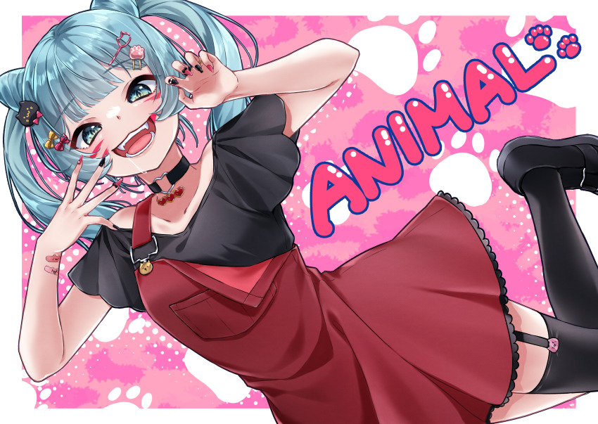 1girl, absurdres, animal_(vocaloid), aqua_eyes, aqua_hair, bandaid_on_wrist, black_footwear, black_nails