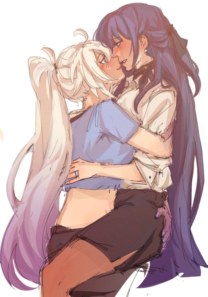 2girls, absurdres, arm_around_another's_back, black_pantyhose, black_skirt, blue_eyes, blue_shirt, blush, cellysticks, collared_shirt, commentary, crop_top, from_side, hand_on_another's_ass, high_ponytail, highres, honkai_(series), honkai_impact_3rd, jewelry, kiana_kaslana, kiana_kaslana_(cramming), kiana_kaslana_(herrscher_of_finality), looking_at_viewer, midriff, multiple_girls, pantyhose, ponytail, purple_eyes, purple_hair, purple_hands, raiden_mei, raiden_mei_(apho), ring, shirt, sitting, sitting_on_lap, sitting_on_person, skirt, smile, untranslatable_commentary, white_hair, white_shirt, yuri