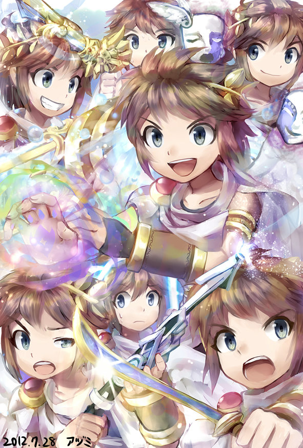 :d, armlet, azumi_(tks-sd), bracer, brown_hair, fingerless_gloves, gemini_orbitars_(kid_icarus), gloves, gold_armlet, holding, holding_sword, holding_weapon, jewelry, kid_icarus, kid_icarus_uprising, laser_staff_(kid_icarus), nintendo, open_mouth, palutena_blade_(kid_icarus), palutena_bow_(kid_icarus), pit_(kid_icarus), poseidon_cannon_(kid_icarus), sidelocks, single_fingerless_glove, small_sweatdrop, smile, sword, teeth, upper_teeth_only, v-shaped_eyebrows, violet_palm_(kid_icarus), weapon