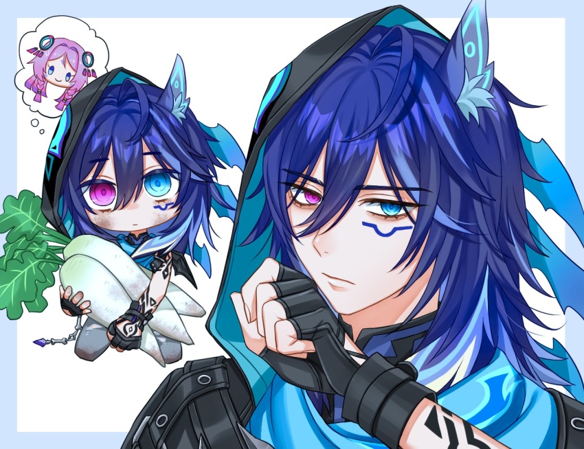 1boy, 1girl, animal_ear_fluff, animal_ears, arm_tattoo, bare_shoulders, bat_ears, bat_wings