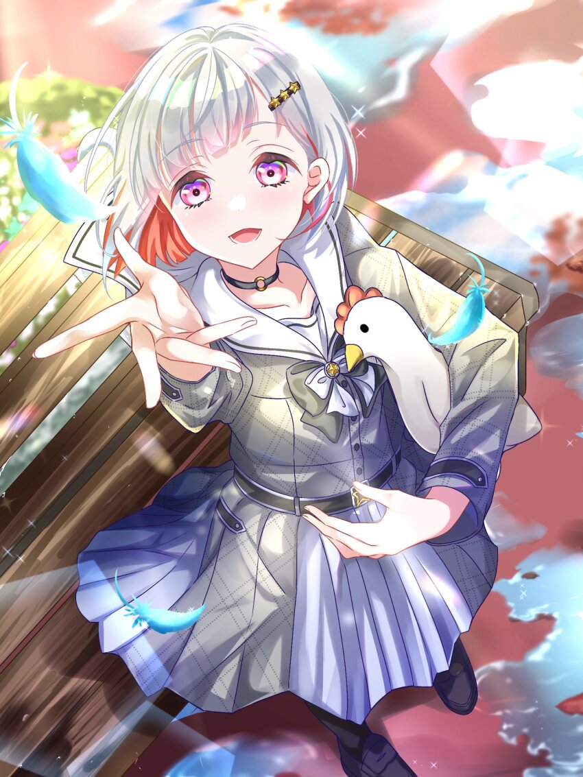 1girl, :d, after_rain, bench, birdcage_(love_live!), black_choker, black_pantyhose, black_shoes, blue_feathers, blush, bob_cut, choker, collarbone, colored_inner_hair, commission, diagonal_bangs, dress, falling_feathers, feathers, full_body, grey_dress, grey_hair, hair_ornament, hairclip, highres, inverted_bob, link!_like!_love_live!, loafers, looking_at_viewer, love_live!, medium_dress, multicolored_hair, o-ring, o-ring_choker, official_alternate_costume, open_hand, open_mouth, outdoors, pantyhose, pink_eyes, plaid_clothes, plaid_dress, pleated_dress, puddle, reaching, reaching_towards_viewer, red_hair, sakari_(pear_8_ll), shoes, short_hair, skeb_commission, smile, solo, standing, star_(symbol), star_hair_ornament, streaked_hair, stuffed_animal, stuffed_duck, stuffed_toy, virtual_youtuber, wooden_bench, yugiri_tsuzuri