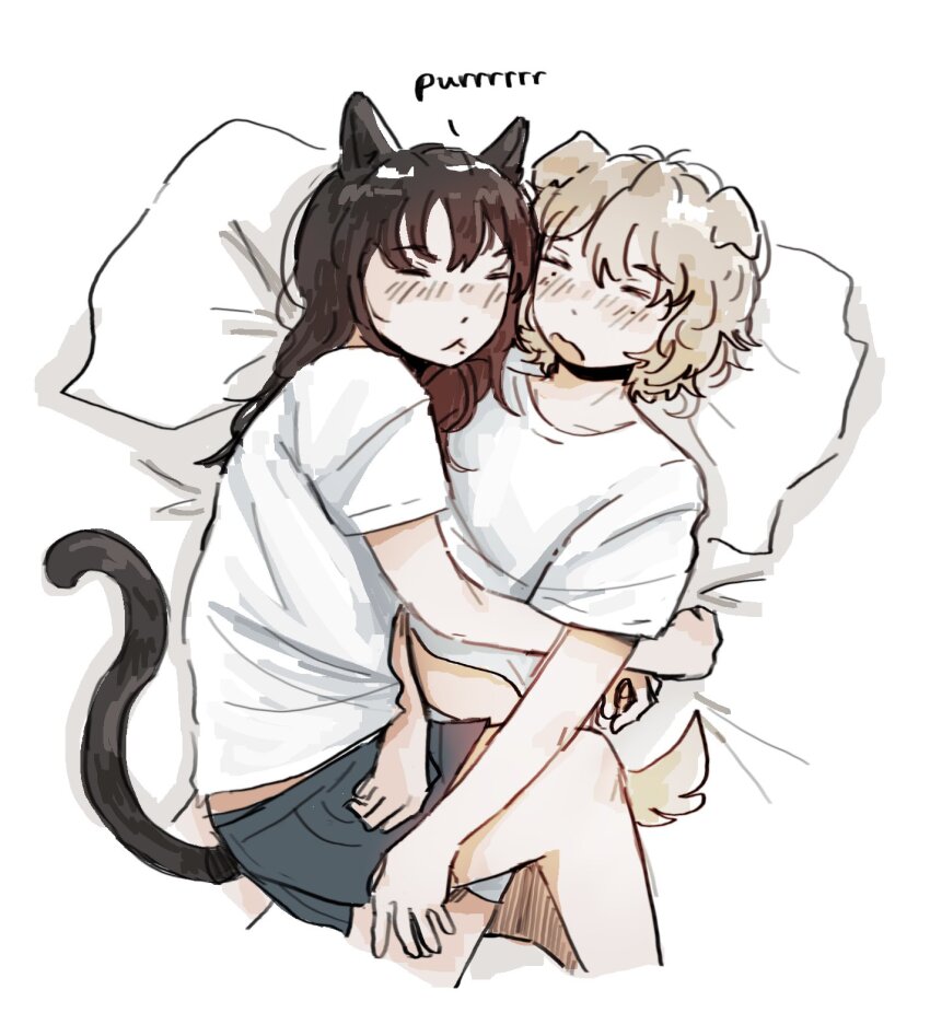 2girls, aespa, animal_ears, black_hair, black_shorts, blush, brown_hair, cat_ears