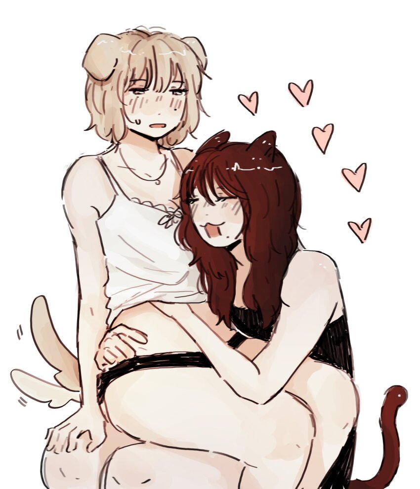 2girls, aespa, animal_ears, bare_arms, black_panties, black_tank_top, blonde_hair, blush