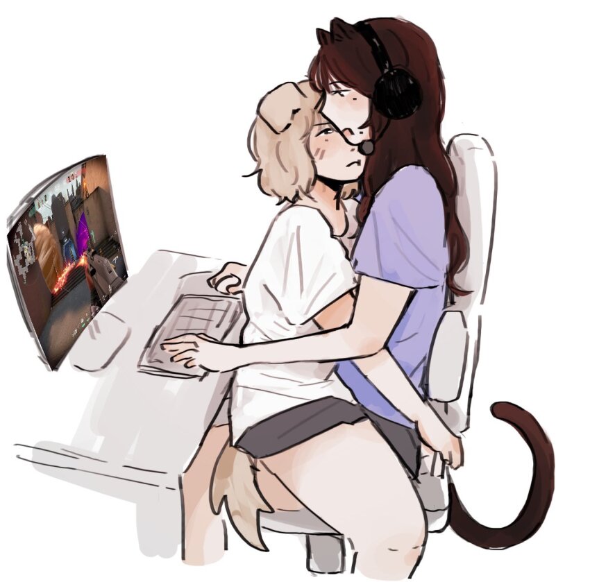 2girls, aespa, animal_ears, black_shorts, blonde_hair, brown_hair, cat_ears, cat_girl