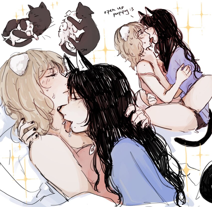 2girls, aespa, animal_ears, animalization, bare_arms, between_legs, black_hair, black_nails, blush, brown_hair, cat, cat_ears, cat_girl, cat_tail, closed_mouth, commentary, delusional965, dog, dog_ears, dog_girl, dog_tail, english_commentary, hand_on_another's_neck, highres, k-pop, karina_(aespa), kemonomimi_mode, licking, licking_another's_face, licking_another's_lips, licking_another's_neck, long_hair, medium_hair, mole, mole_under_eye, multiple_girls, pink_tank_top, purple_shirt, real_life, saliva, shirt, sparkle, tail, tank_top, winter_(aespa), yuri