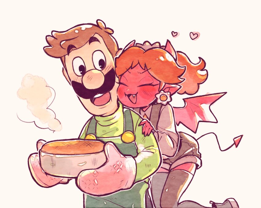 1boy, 1girl, alternate_costume, alternate_skin_color, apron, black_eyes, black_footwear, black_shorts