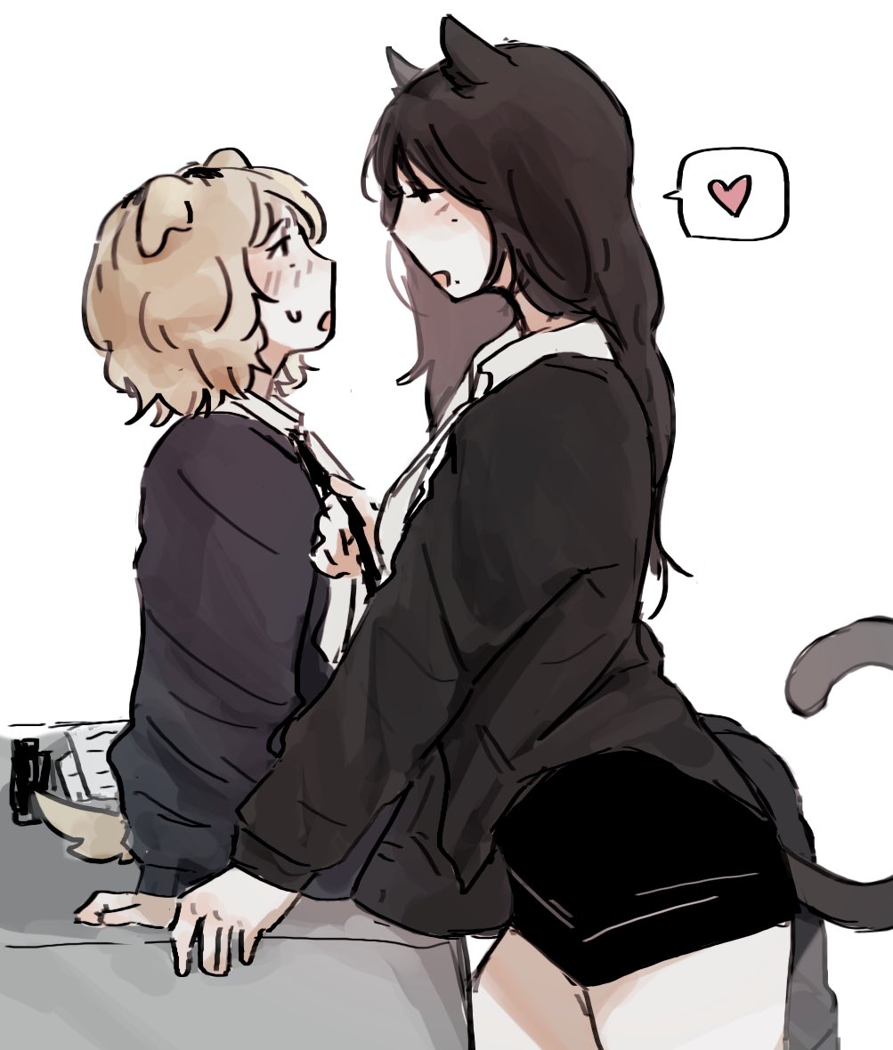 2girls, aespa, animal_ears, black_hair, black_skirt, black_sweater, blonde_hair, blush