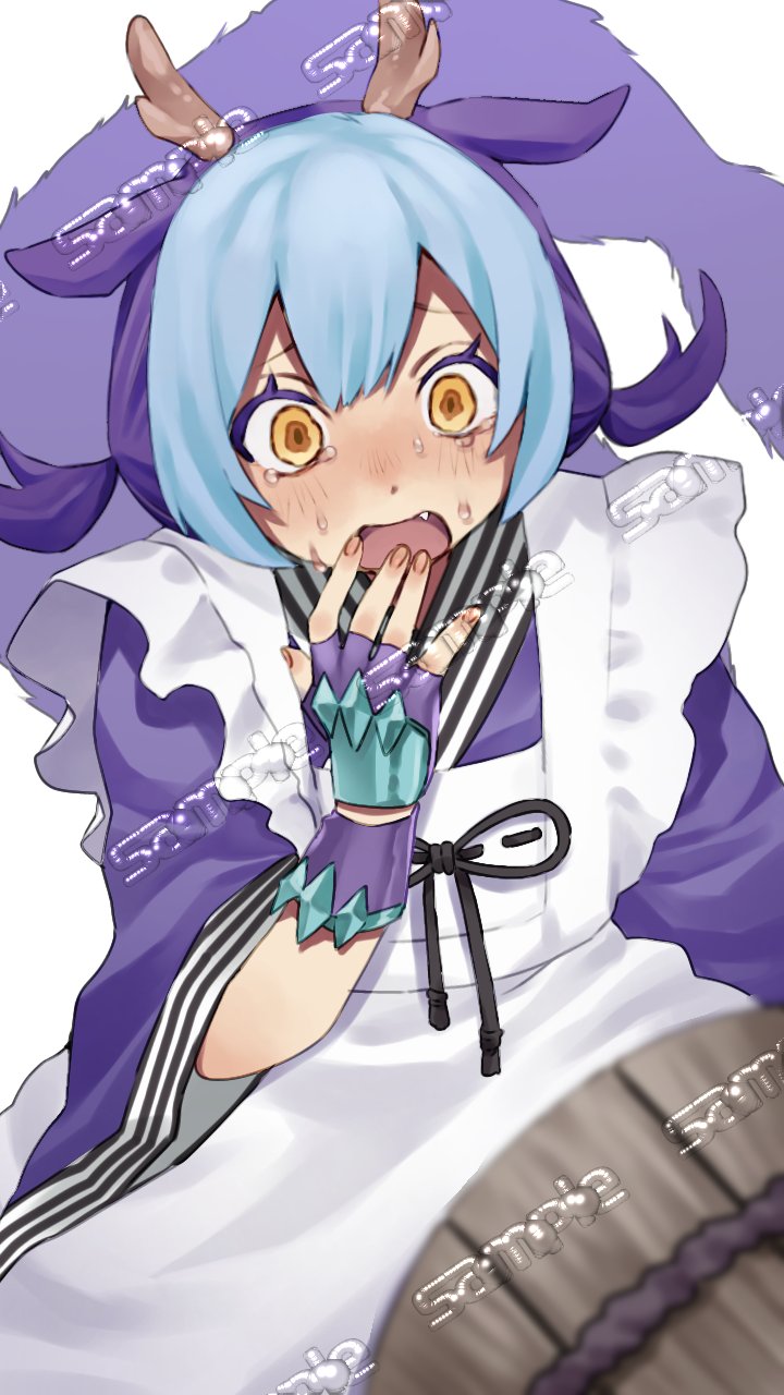 1girl, apron, blue_hair, country_takeuchi, dragon_girl, duel_monster, hair_between_eyes, highres