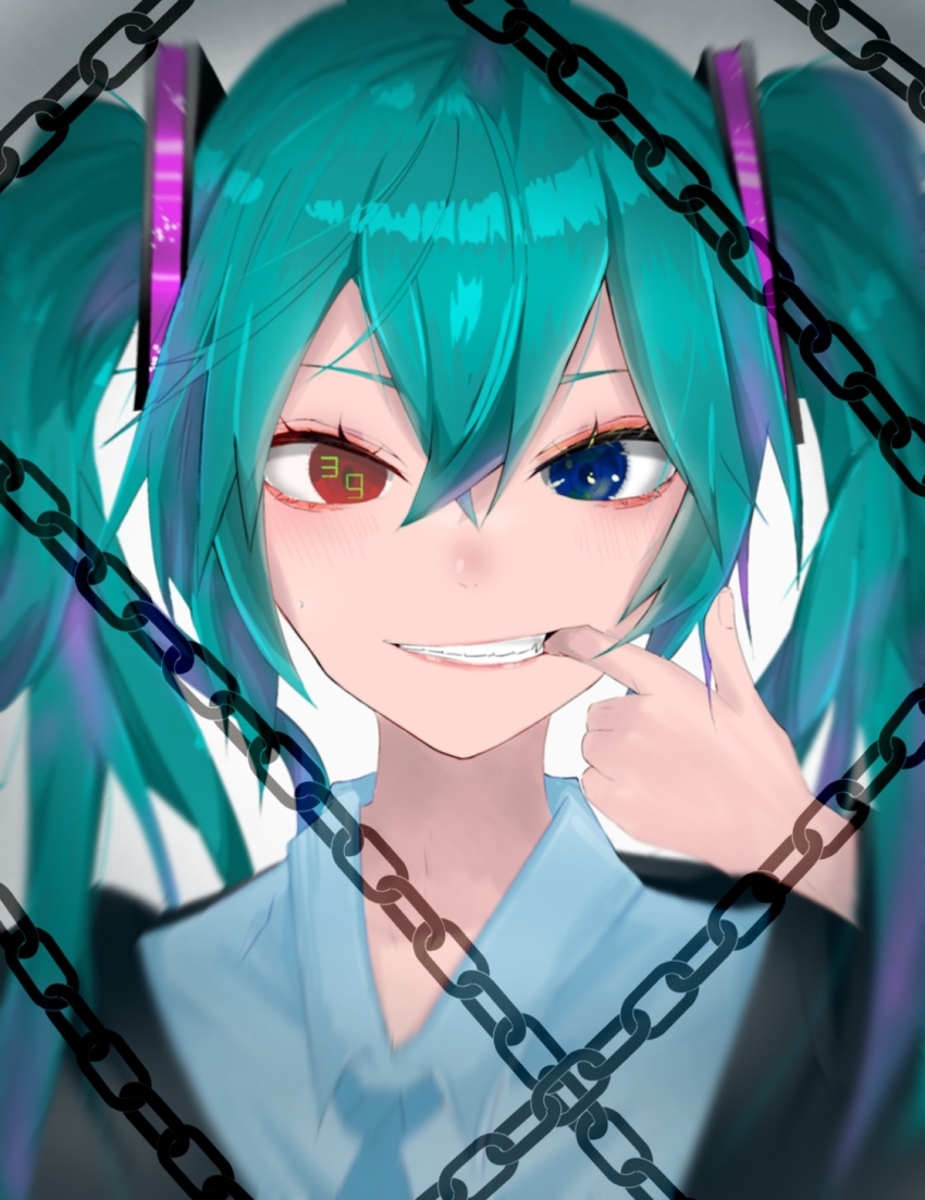 1girl, alternate_eye_color, aqua_hair, blue_eyes, blue_necktie, blurry, blush, chain