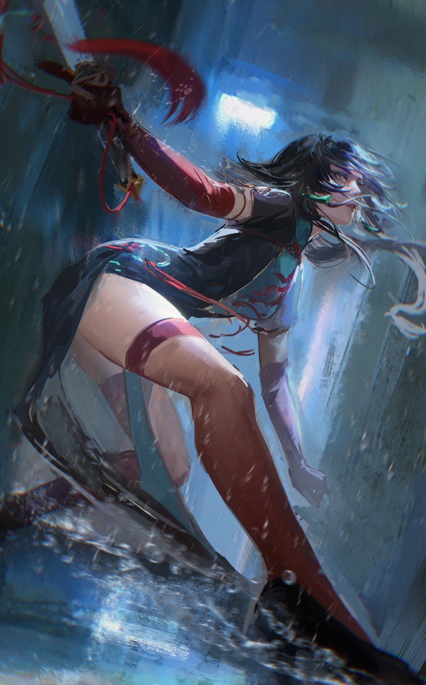 1girl, absurdres, alley, angell_(path_to_nowhere), black_dress, black_hair, black_shoes, blurry, blurry_background, china_dress, chinese_clothes, chinese_commentary, commentary, dress, dutch_angle, earrings, elbow_gloves, fighting_stance, floating_hair, from_below, from_side, gloves, highres, holding, holding_sword, holding_weapon, jewelry, jian_(weapon), legs, long_hair, mandarin_collar, official_alternate_costume, parted_lips, path_to_nowhere, pelvic_curtain, qingci, rain, red_gloves, red_thighhighs, shoes, short_sleeves, solo, sword, tassel, tassel_earrings, thighhighs, weapon, yellow_eyes