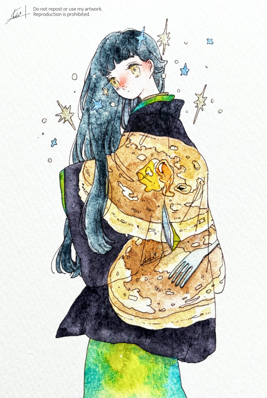 1girl, absurdres, black_haori, blue_hair, english_text, fork, green_kimono, haori