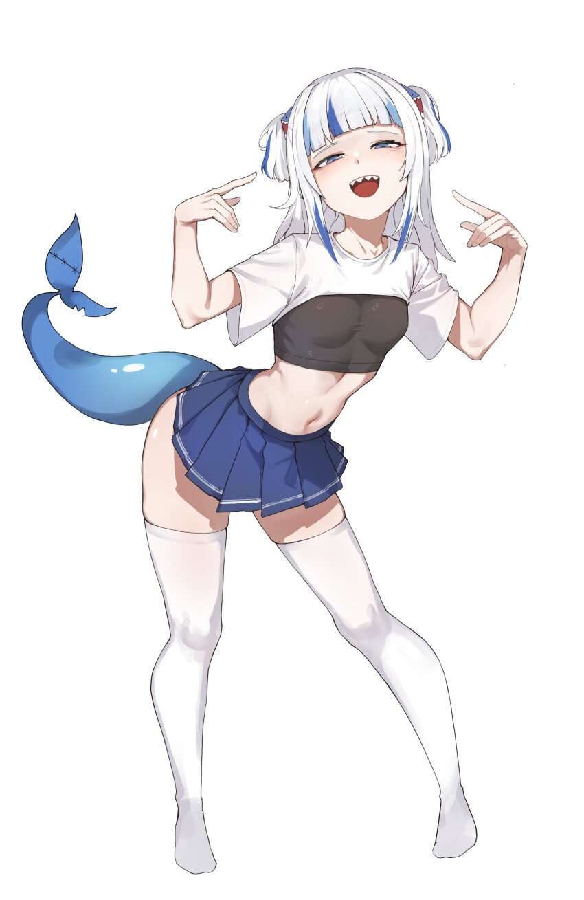 1girl, absurdres, alternate_costume, black_sports_bra, blue_eyes, blush, bra, breasts, crop_top, cropped_shirt, extreme_crop_top, fins, fish_tail, gawr_gura, hair_ornament, half-closed_eyes, highres, hololive, hololive_english, iver_(reviolet), looking_at_viewer, midriff, miniskirt, multicolored_hair, navel, open_mouth, pleated_skirt, pointing, pointing_at_self, shark_hair_ornament, shark_tail, sharp_teeth, shirt, short_sleeves, skirt, small_breasts, smile, solo, sports_bra, squinting, stomach, streaked_hair, tail, teeth, thighhighs, thighs, underwear, virtual_youtuber, white_background, white_shirt, white_thighhighs