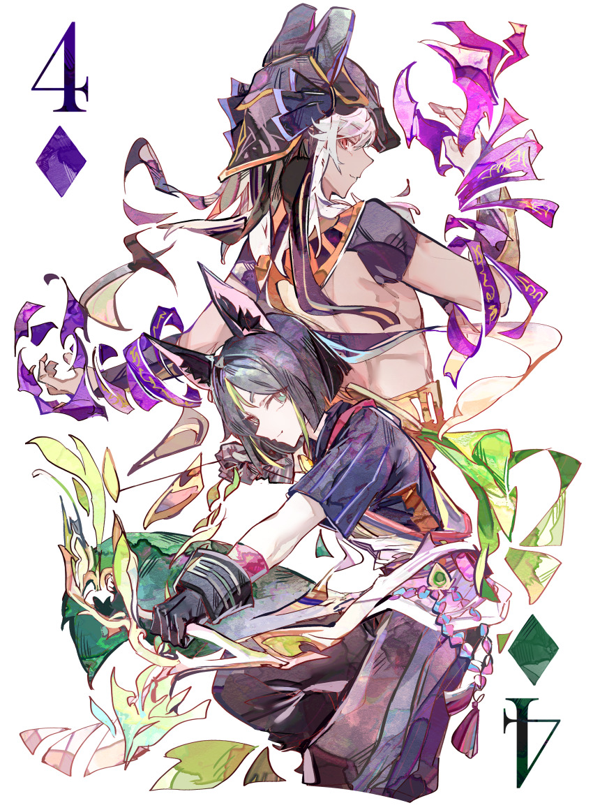 2boys, absurdres, black_gloves, black_hair, black_hat, black_pants, bow_(weapon), cocoballking