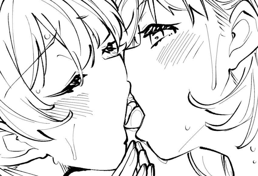 2girls, closed_eyes, commentary, french_kiss, greyscale, highres, hinoshita_kaho, holding_hands, kiss, link!_like!_love_live!, looking_at_another, love_live!, monochrome, multiple_girls, murano_sayaka, open_mouth, pocky_day, portrait, saliva, simple_background, tongue, tongue_out, white_background, yukiri_takashi, yuri