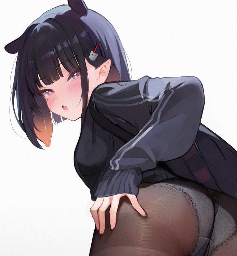 1girl, alternate_costume, alternate_hairstyle, ass, bag, black_jacket, black_pantyhose, blunt_bangs, blush, breasts, cameltoe, cropped, crotch_seam, gradient_hair, grey_panties, hair_ornament, hand_on_own_ass, hololive, hololive_english, jacket, koahri, lace, lace_panties, lace_trim, long_sleeves, looking_at_viewer, mole, mole_under_eye, multicolored_hair, ninomae_ina'nis, no_pants, open_mouth, orange_hair, panties, pantyhose, pantyshot, pointy_ears, presenting, purple_eyes, purple_hair, shoulder_bag, sidelocks, solo, tentacle_hair, underwear, vertical-striped_sleeves, virtual_youtuber, white_background