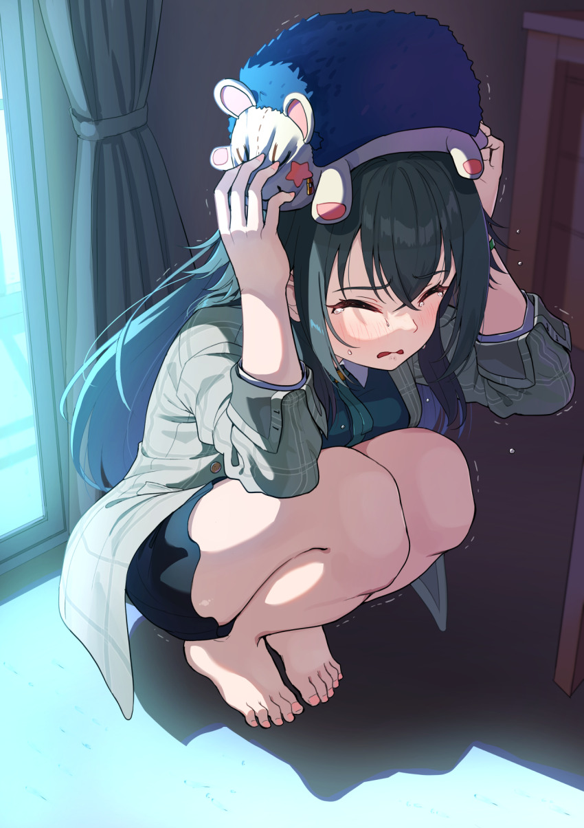 1girl, bare_legs, barefoot, black_skirt, closed_eyes, coat, crossed_bangs, gakuen_idolmaster