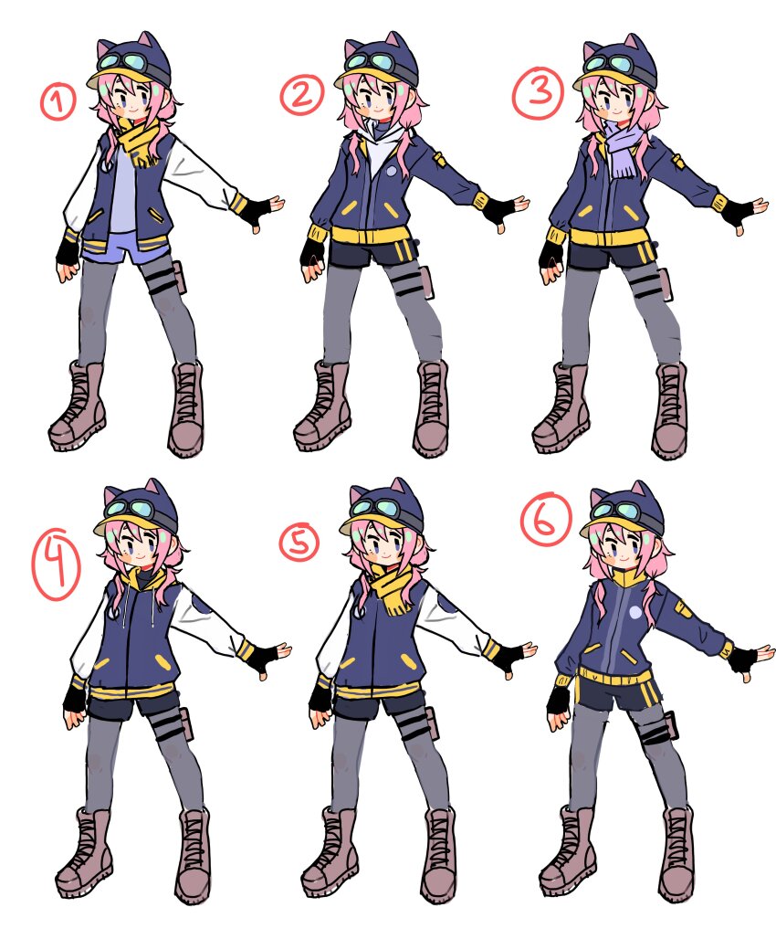 1girl, absurdres, animal_hat, blue_eyes, blue_hat, boots, brown_footwear, goggles