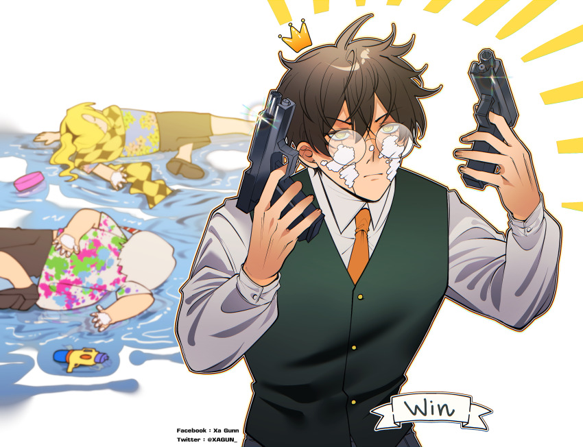 3boys, blonde_hair, brown_hair, collared_shirt, crown, family_guy_death_pose_(meme), gun, handgun