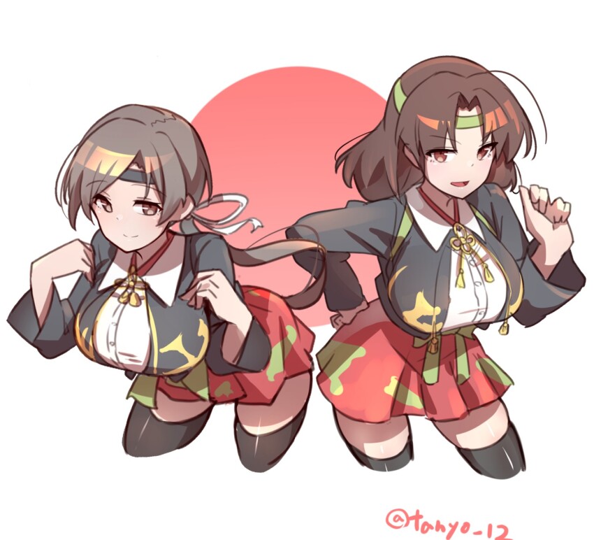 2girls, alternate_legwear, artist_name, black_thighhighs, blush, breasts, brown_hair, camouflage