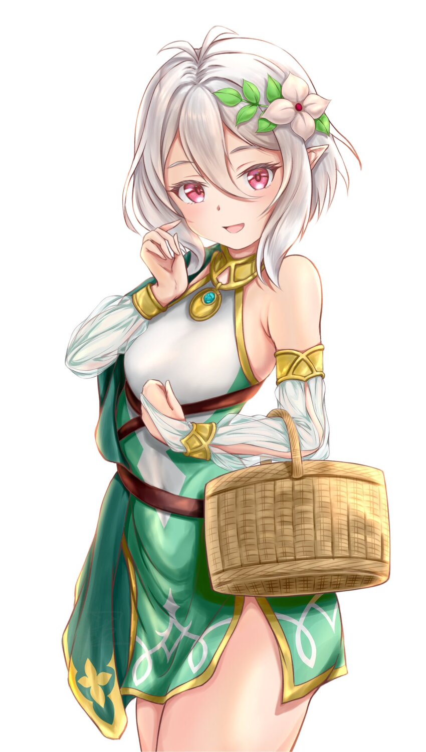 1girl, antenna_hair, bare_shoulders, basket, breasts, bridal_gauntlets, detached_sleeves, elf, flower, green_sleeves, grey_hair, hair_between_eyes, hair_flower, hair_ornament, highres, holding, holding_basket, kokkoro_(princess_connect!), looking_at_viewer, maoo-san, open_mouth, pointy_ears, princess_connect!, red_eyes, see-through_clothes, see-through_sleeves, short_hair, simple_background, small_breasts, smile, solo, white_background, white_flower
