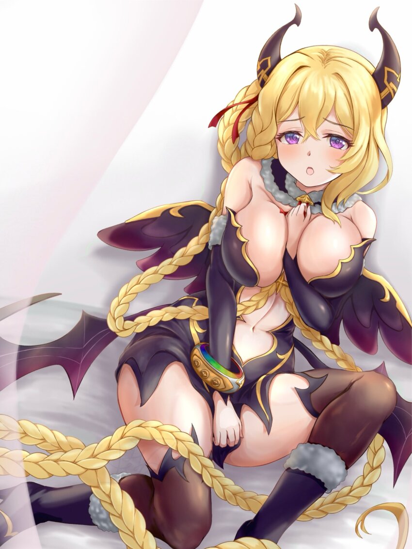 1girl, absurdly_long_hair, bare_shoulders, black_dress, black_wings, blonde_hair, boots, braid